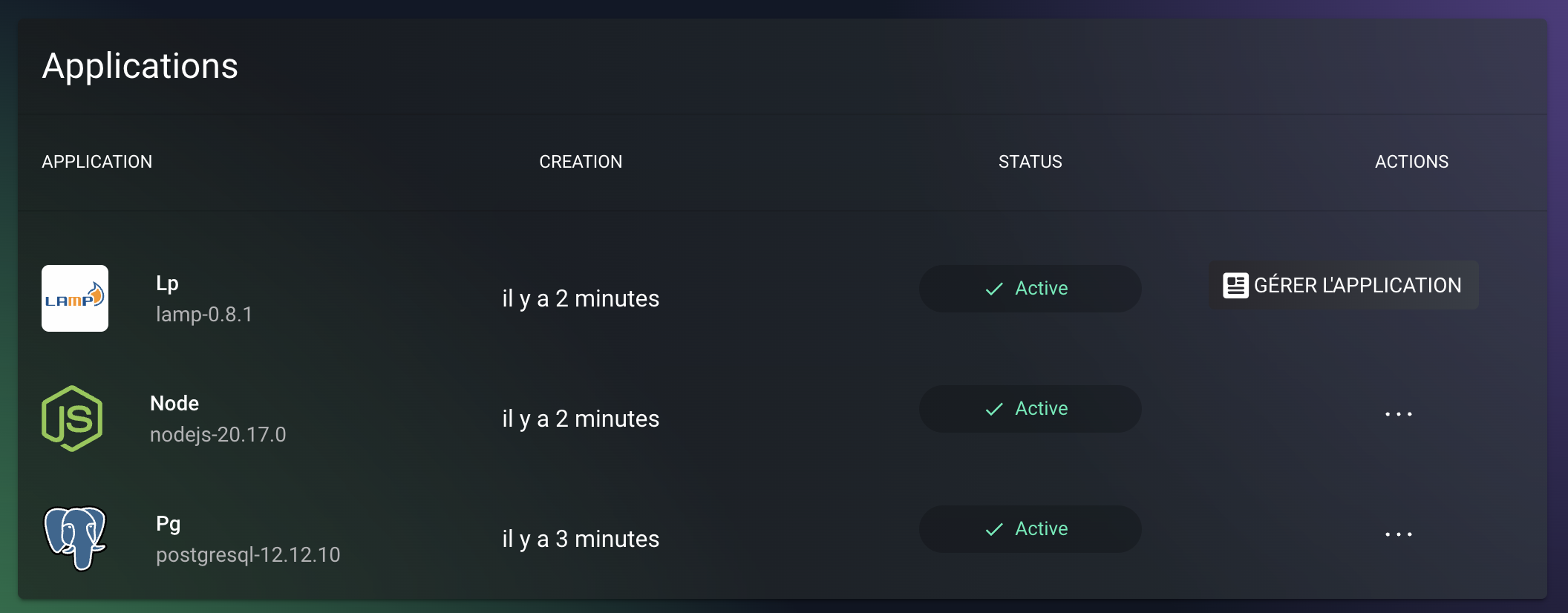 Manage apps dashboard